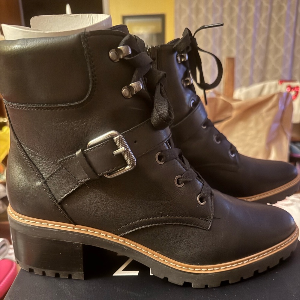 Naturalizer Tia Leather Black Combat Boots with Buckle Detail